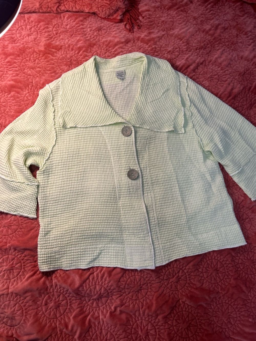 Light Mint Waffle-Knit Button Front Jacket
